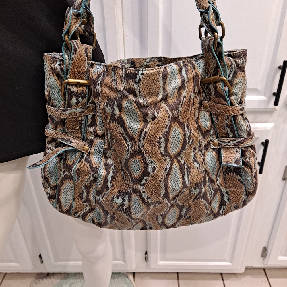 Ebisu Elegant Python Teal Brown Print Shoulder Ba… - image 1